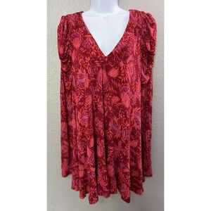 Free People Hello Lover Tunic Top Sz S in Scarlett  Red Pink Gathered‎ Stretch